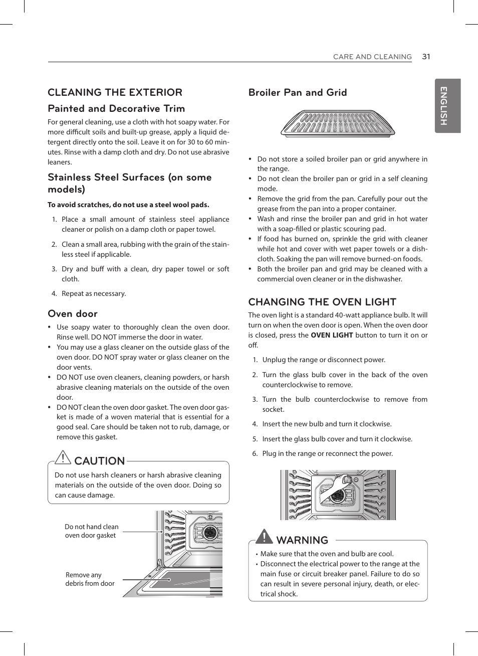 Caution, Cleaning the exterior painted and decorative trim, Stainless steel surfaces (on some models) | Oven door, Broiler pan and grid, Changing the oven light, Warning | LG LRE3023SW User Manual | Page 31 / 84