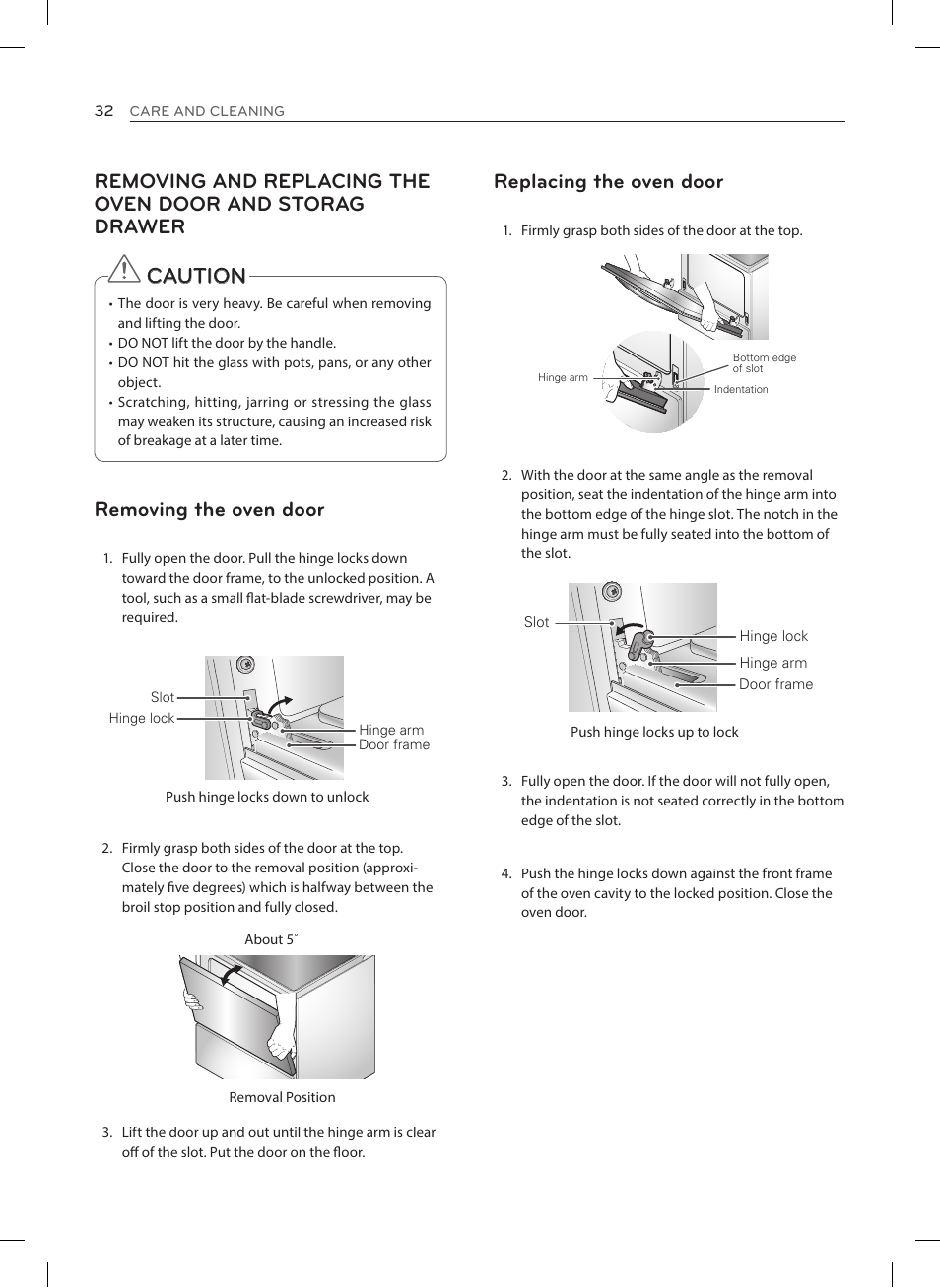 Caution, Replacing the oven door, Removing the oven door | LG LRE3023SW User Manual | Page 32 / 84