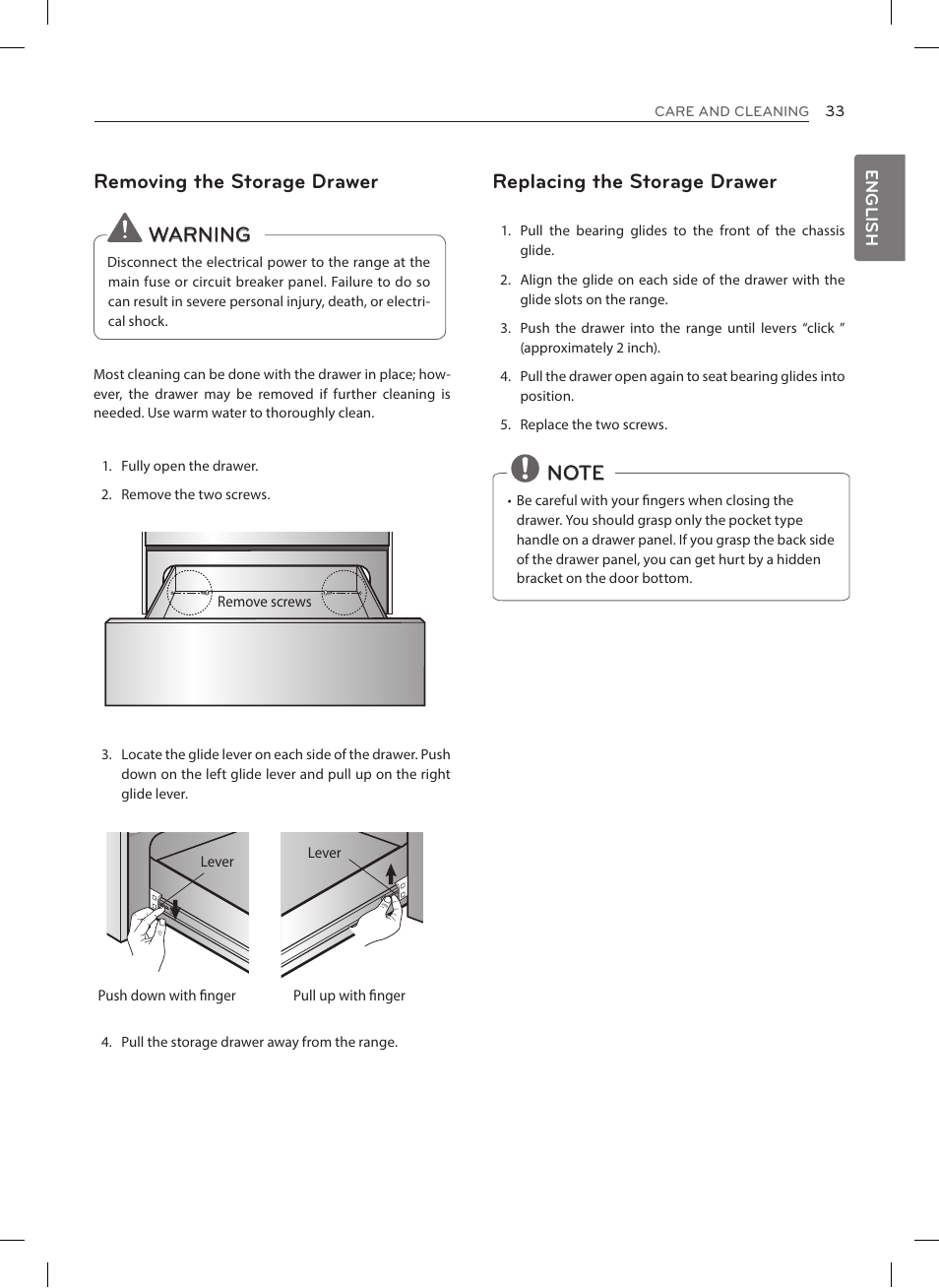 Removing the storage drawer, Warning, Replacing the storage drawer | LG LRE3023SW User Manual | Page 33 / 84