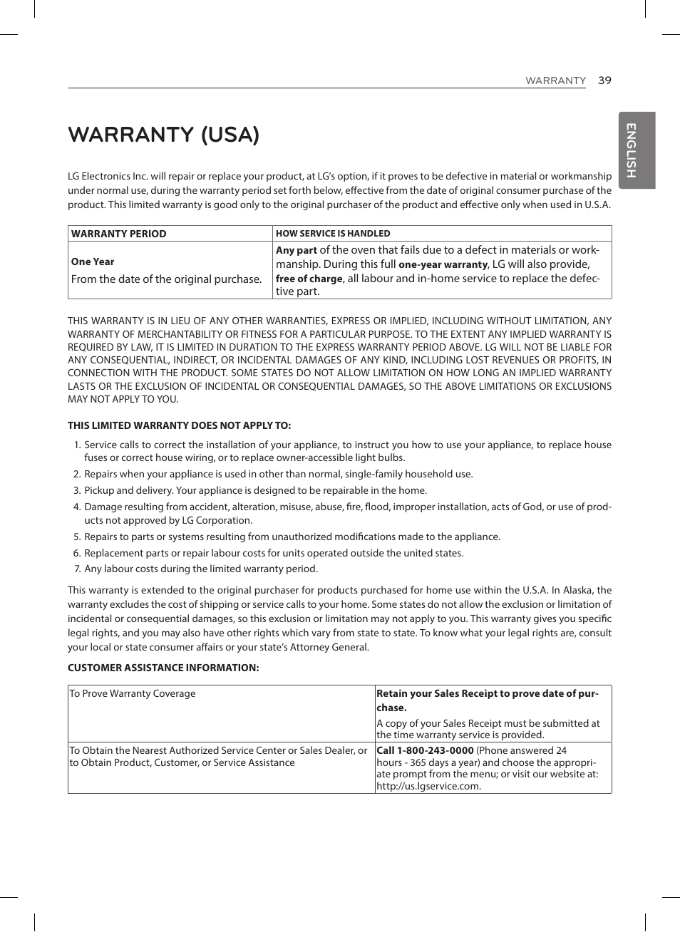 Warranty (usa) | LG LRE3023SW User Manual | Page 39 / 84