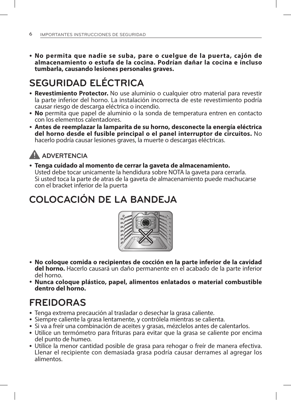 Seguridad eléctrica, Colocación de la bandeja, Freidoras | LG LRE3023SW User Manual | Page 46 / 84