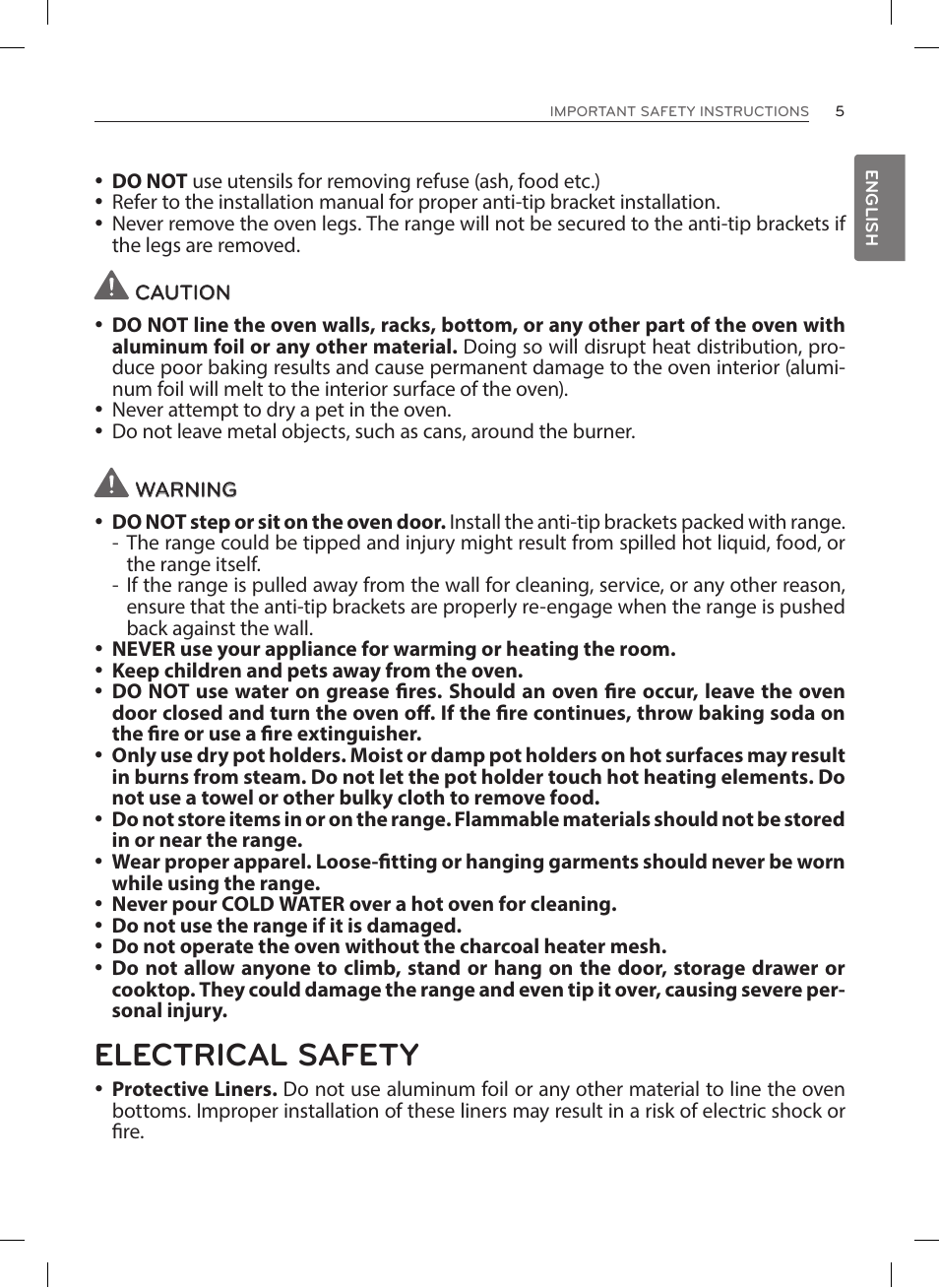 Electrical safety | LG LRE3023SW User Manual | Page 5 / 84