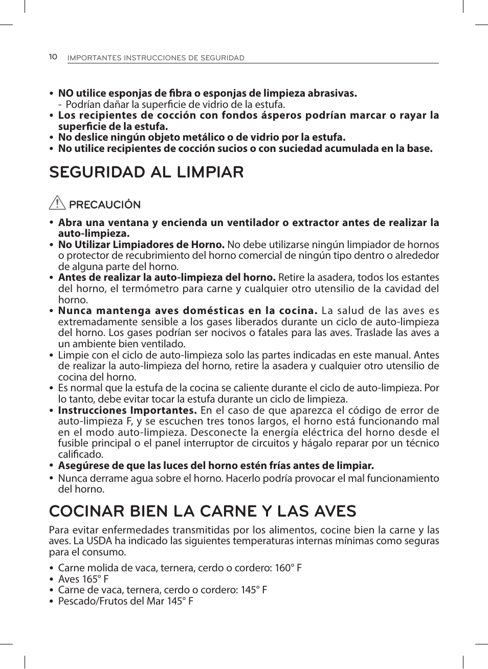 Seguridad al limpiar, Cocinar bien la carne y las aves | LG LRE3023SW User Manual | Page 50 / 84