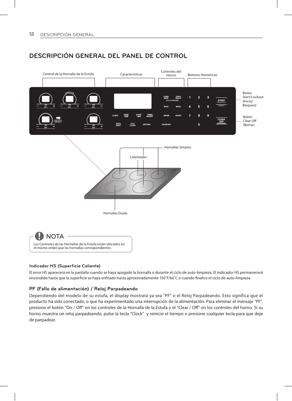 Descripción general del panel de control, Nota | LG LRE3023SW User Manual | Page 52 / 84