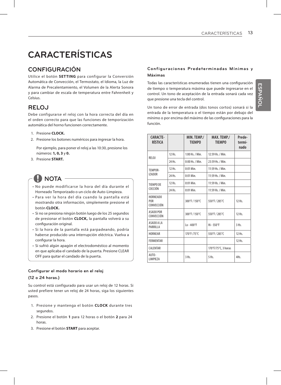 Características, Configuración, Reloj | Nota, Esp añol | LG LRE3023SW User Manual | Page 53 / 84