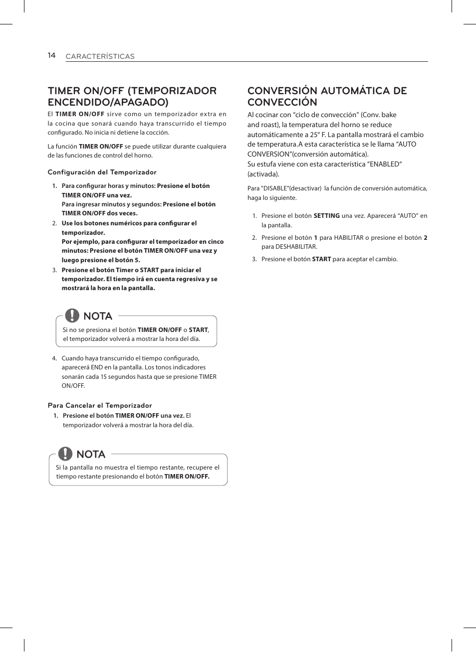 Timer on/off (temporizador encendido/apagado), Nota, Nota conversión automática de convección | LG LRE3023SW User Manual | Page 54 / 84