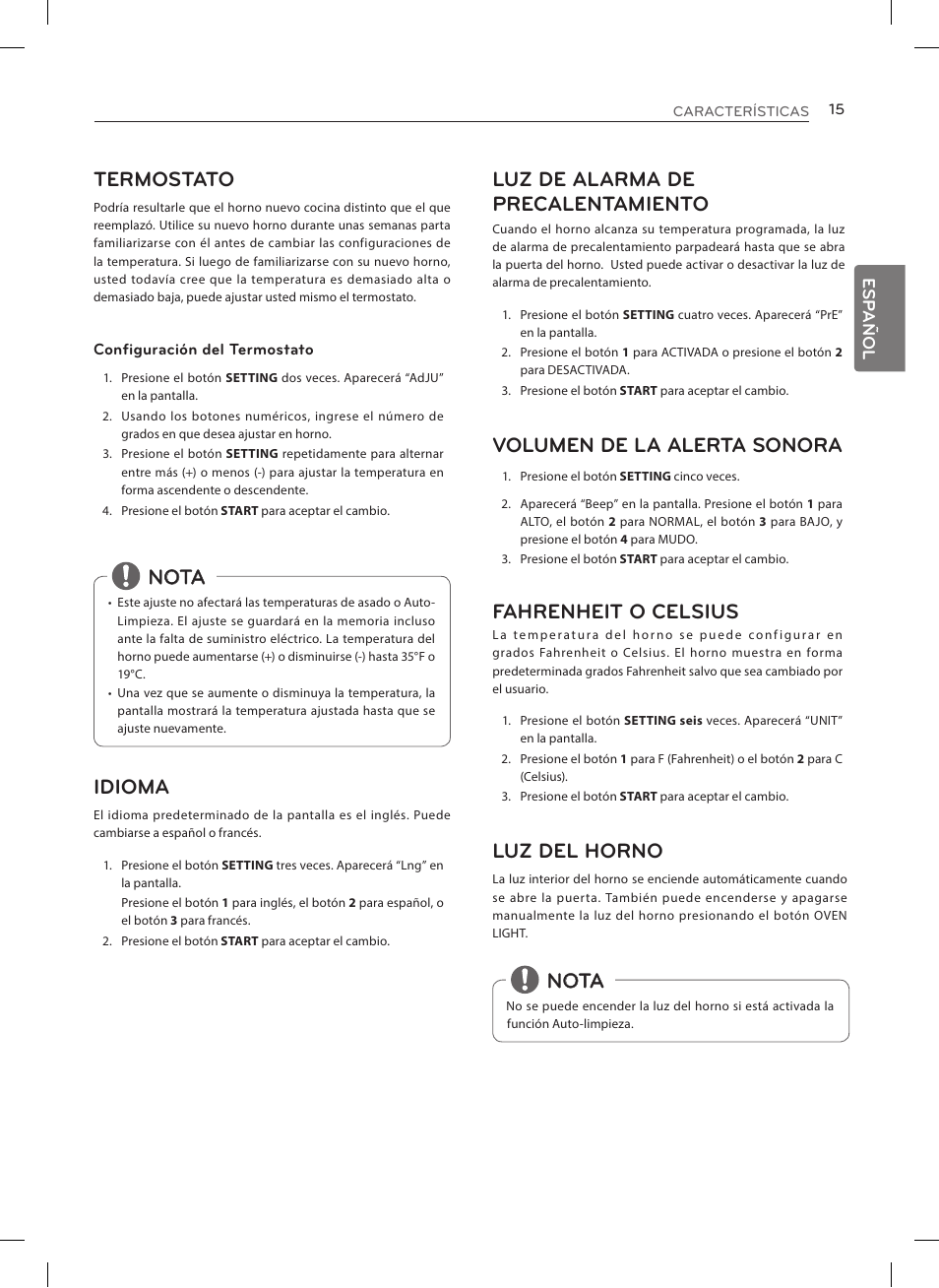 Luz de alarma de precalentamiento, Volumen de la alerta sonora, Fahrenheit o celsius | Luz del horno, Nota termostato, Nota idioma | LG LRE3023SW User Manual | Page 55 / 84