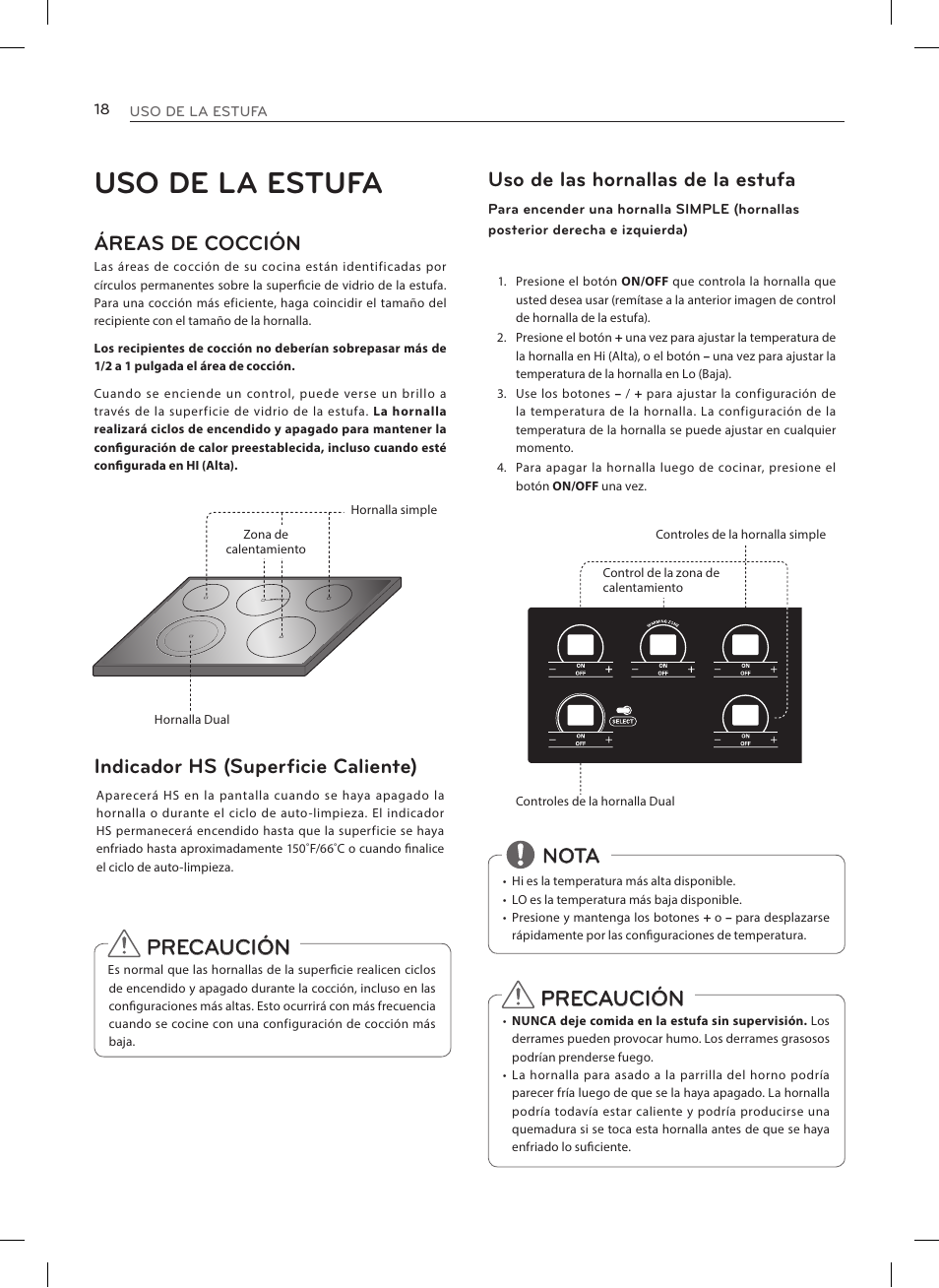 Uso de la estufa, Precaución, Áreas de cocción | Indicador hs (superficie caliente), Uso de las hornallas de la estufa, Nota | LG LRE3023SW User Manual | Page 58 / 84