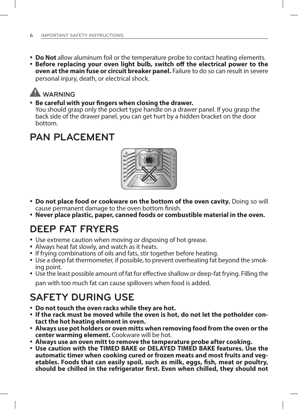 Pan placement, Deep fat fryers, Safety during use | LG LRE3023SW User Manual | Page 6 / 84