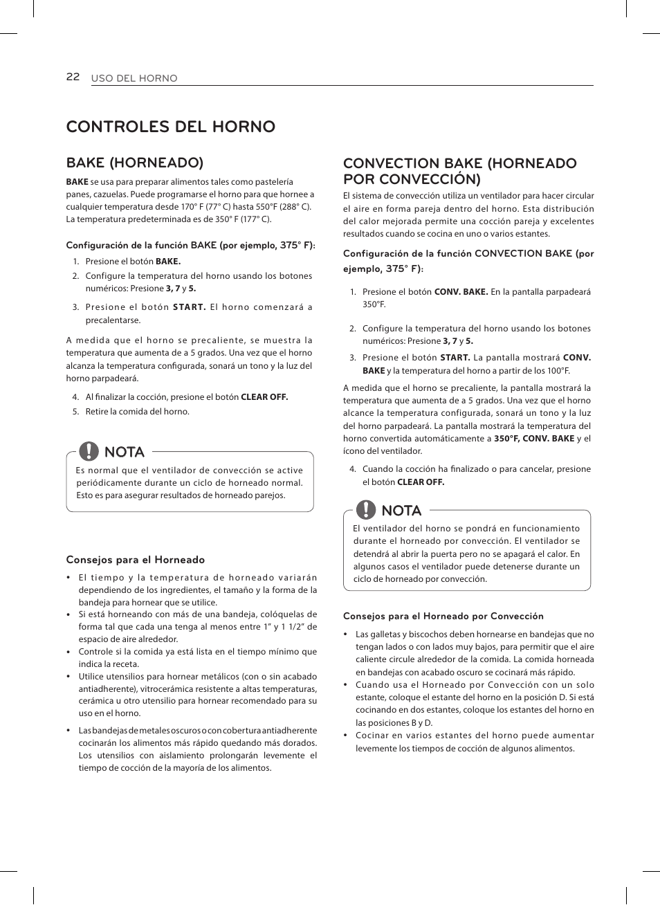 Controles del horno, Bake (horneado), Nota | Convection bake (horneado por convección) | LG LRE3023SW User Manual | Page 62 / 84