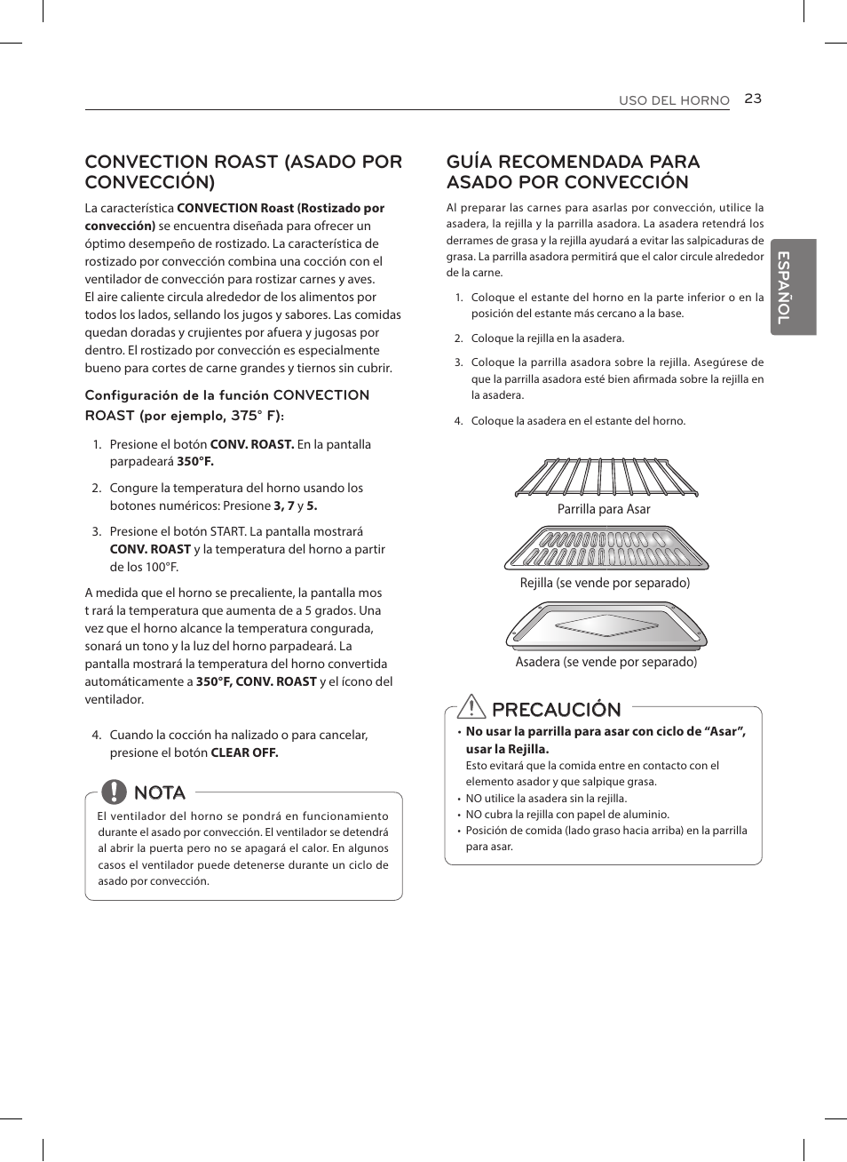 Precaución, Convection roast (asado por convección), Nota guía recomendada para asado por convección | LG LRE3023SW User Manual | Page 63 / 84