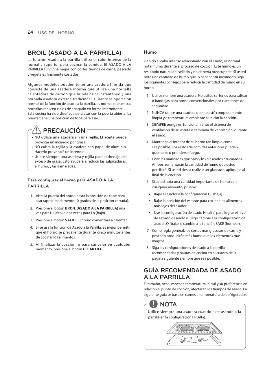 Precaución, Broil (asado a la parrilla), Nota | Guía recomendada de asado a la parrilla | LG LRE3023SW User Manual | Page 64 / 84