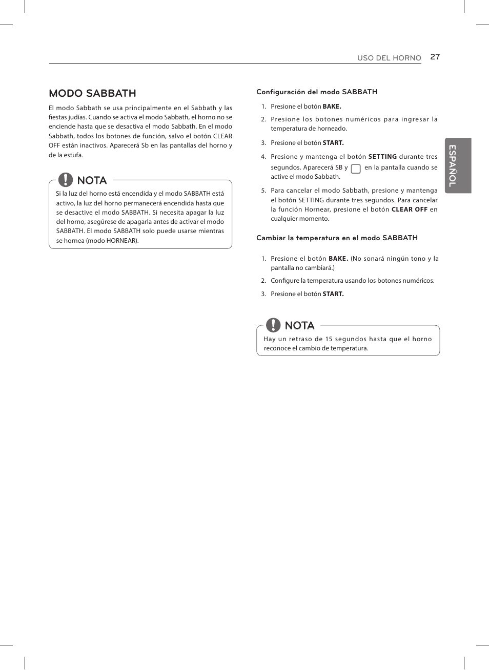 Modo sabbath, Nota, Esp añol | LG LRE3023SW User Manual | Page 67 / 84