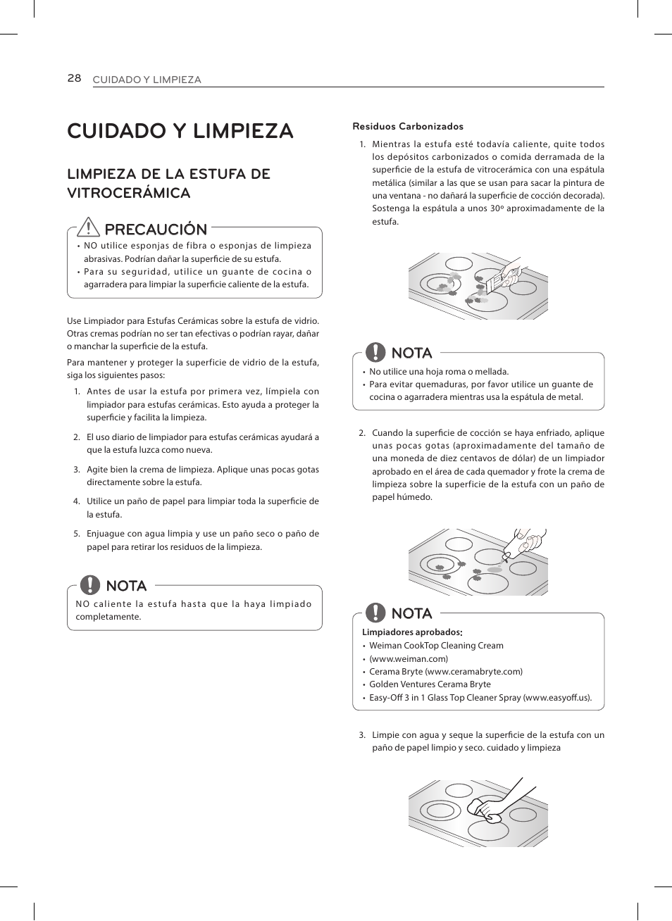 Cuidado y limpieza, Precaución, Limpieza de la estufa de vitrocerámica | Nota | LG LRE3023SW User Manual | Page 68 / 84