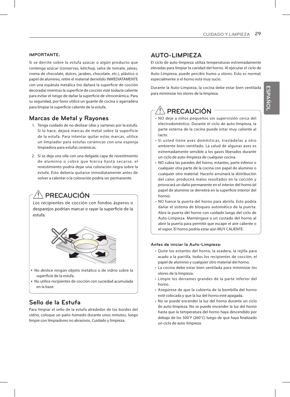 Precaución, Auto-limpieza, Marcas de metal y rayones | Sello de la estufa | LG LRE3023SW User Manual | Page 69 / 84