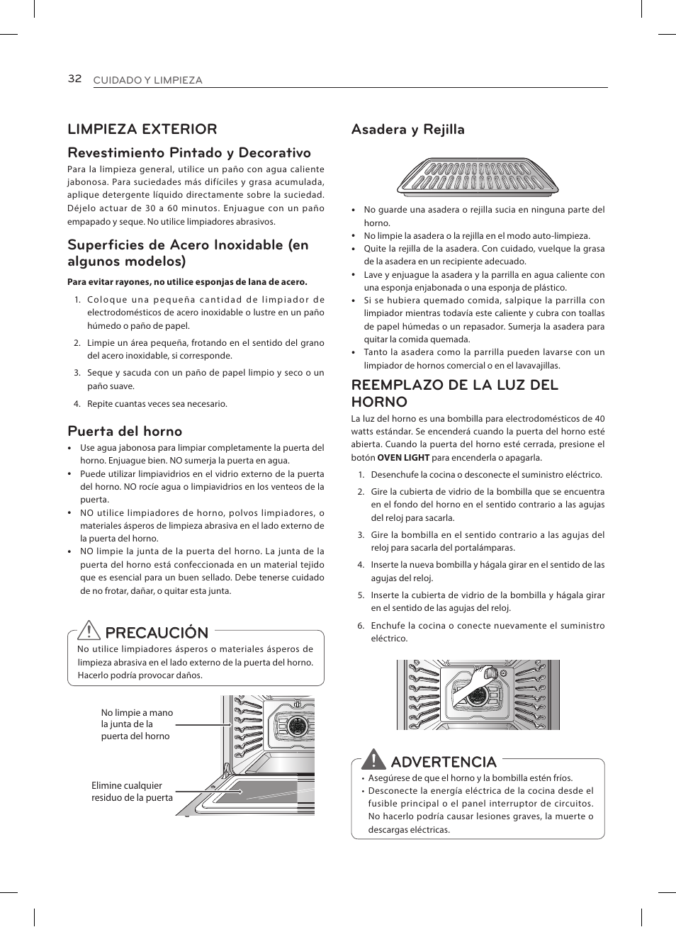 Precaución, Puerta del horno, Asadera y rejilla | Reemplazo de la luz del horno, Advertencia | LG LRE3023SW User Manual | Page 72 / 84