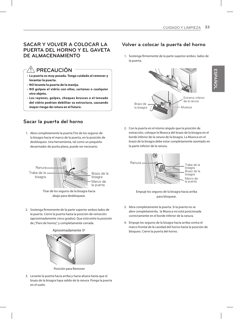 Precaución, Volver a colocar la puerta del horno, Sacar la puerta del horno | Esp añol | LG LRE3023SW User Manual | Page 73 / 84