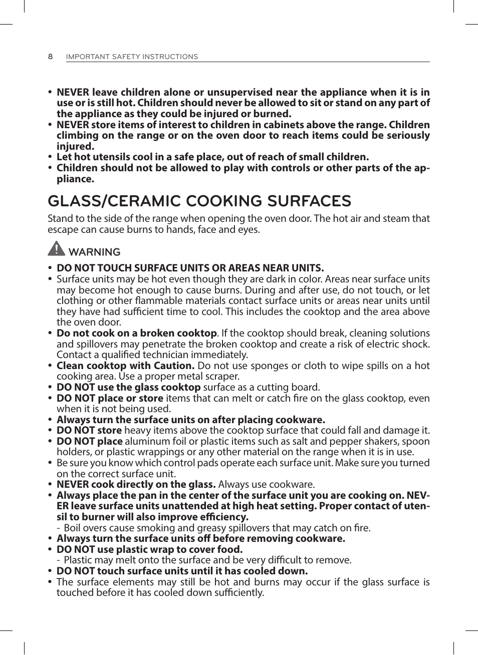 Glass/ceramic cooking surfaces | LG LRE3023SW User Manual | Page 8 / 84