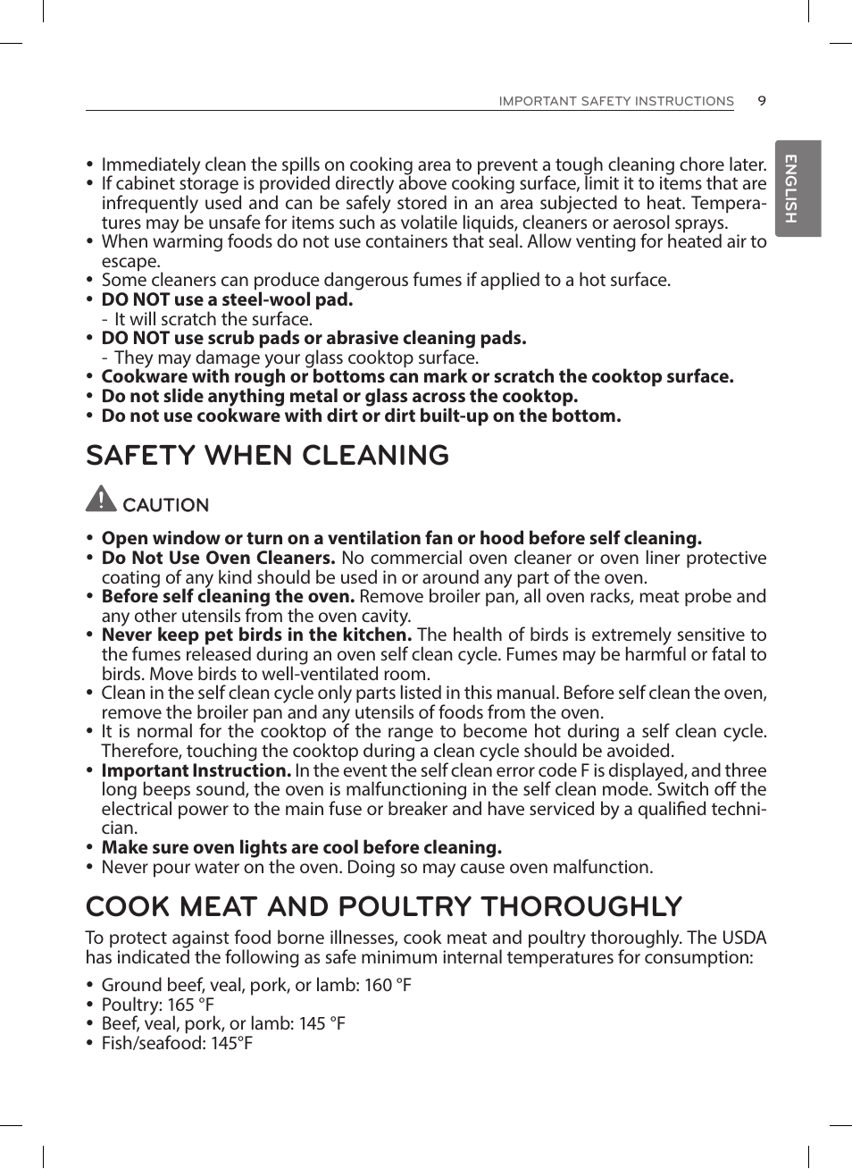 Safety when cleaning, Cook meat and poultry thoroughly | LG LRE3023SW User Manual | Page 9 / 84