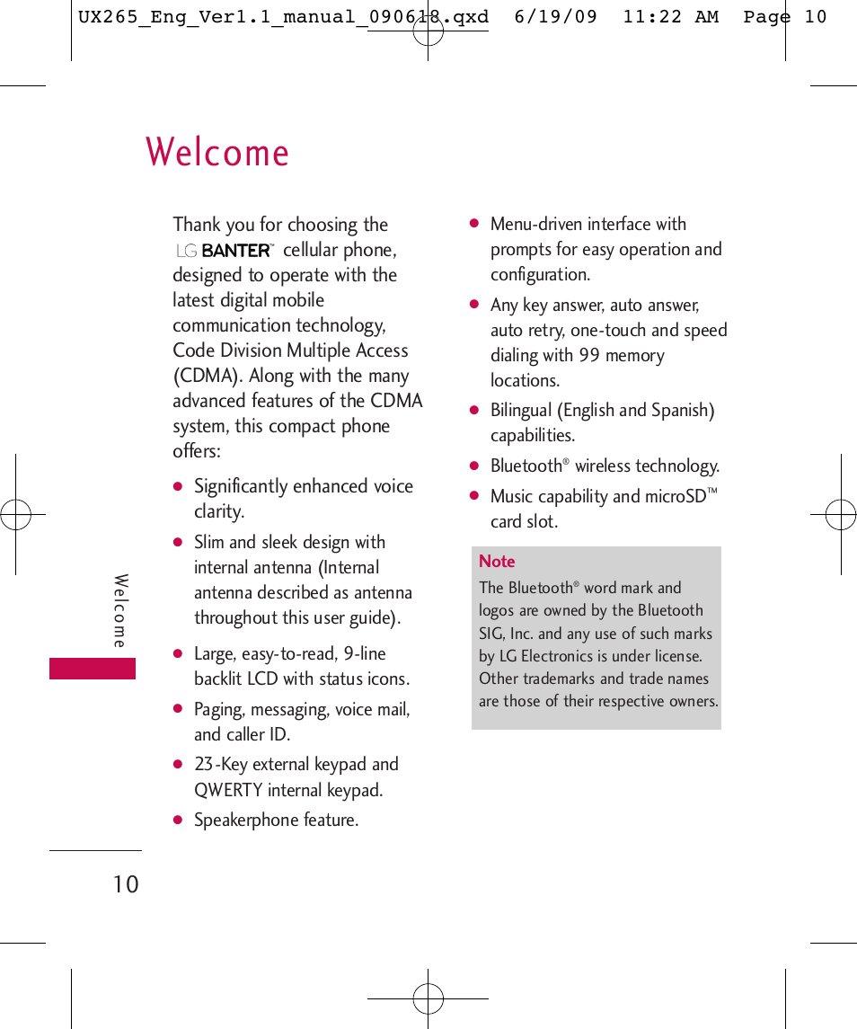 Welcome | LG LGUX265 User Manual | Page 10 / 124