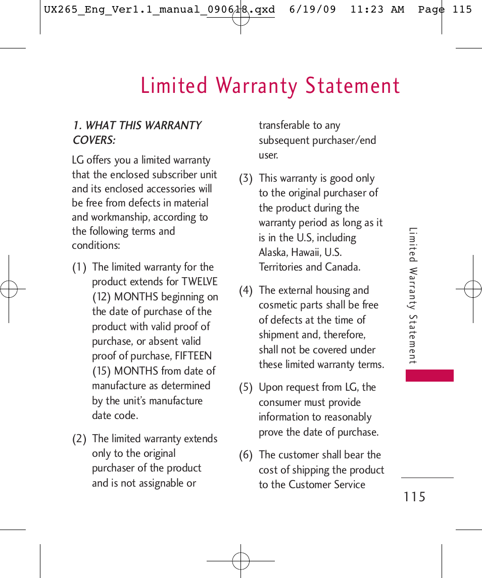 Limited warranty statement | LG LGUX265 User Manual | Page 115 / 124