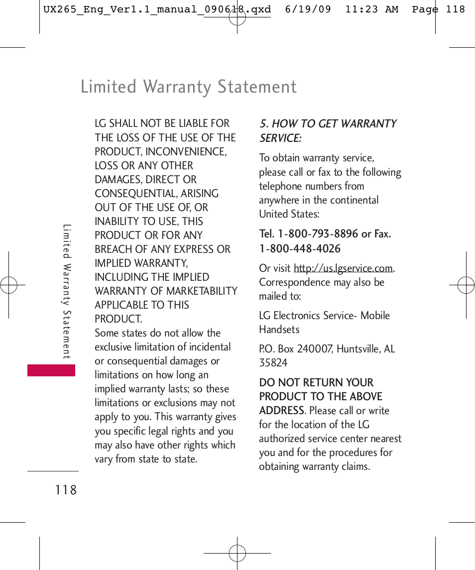 Limited warranty statement | LG LGUX265 User Manual | Page 118 / 124