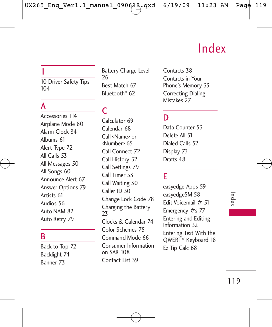 Index | LG LGUX265 User Manual | Page 119 / 124