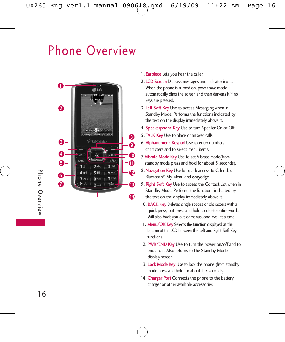 Phone overview, Phone ov ervie w | LG LGUX265 User Manual | Page 16 / 124