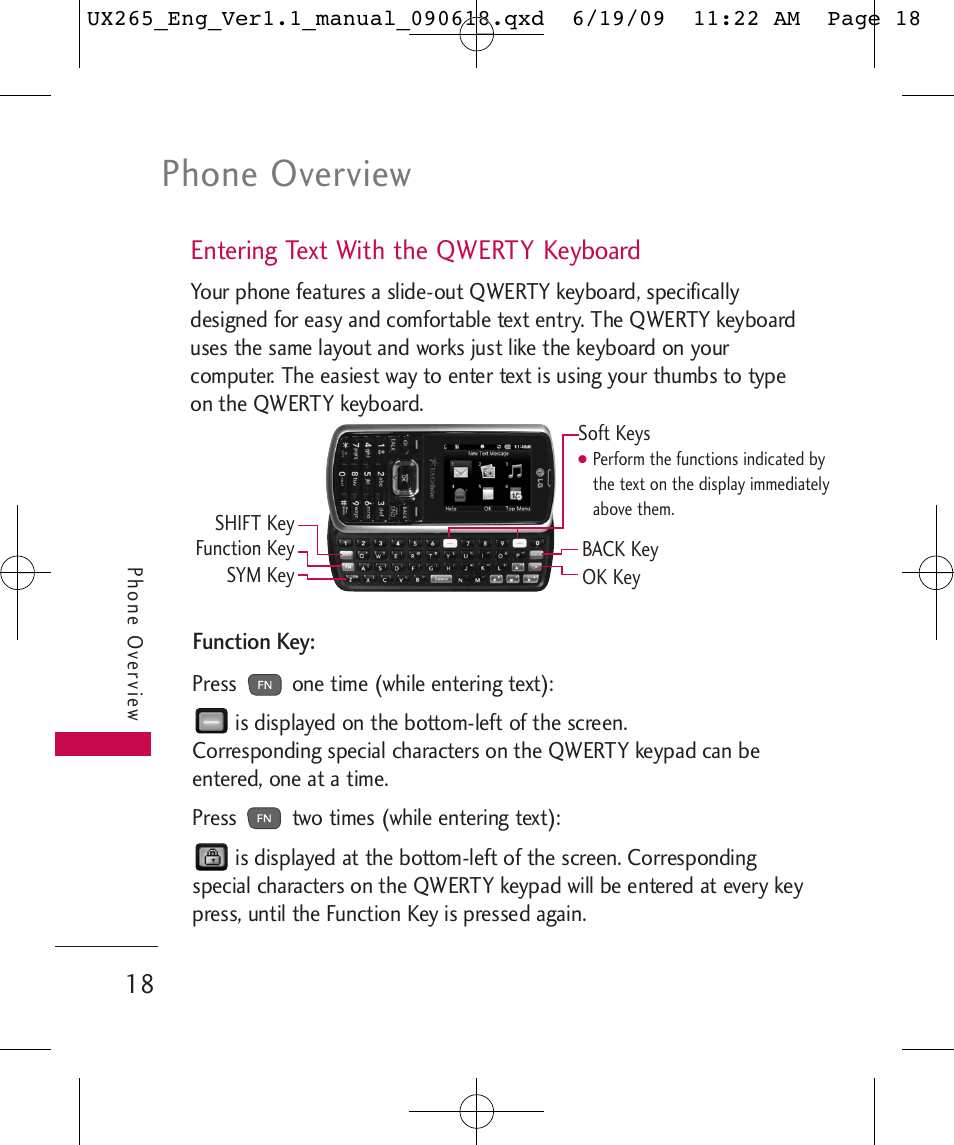 Phone overview, Entering text with the qwerty keyboard | LG LGUX265 User Manual | Page 18 / 124