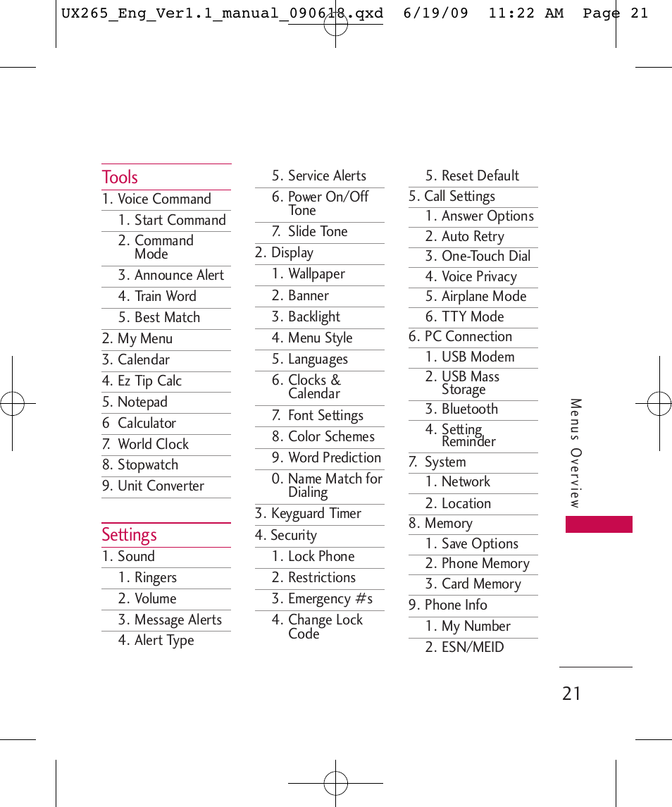 Tools, Settings | LG LGUX265 User Manual | Page 21 / 124