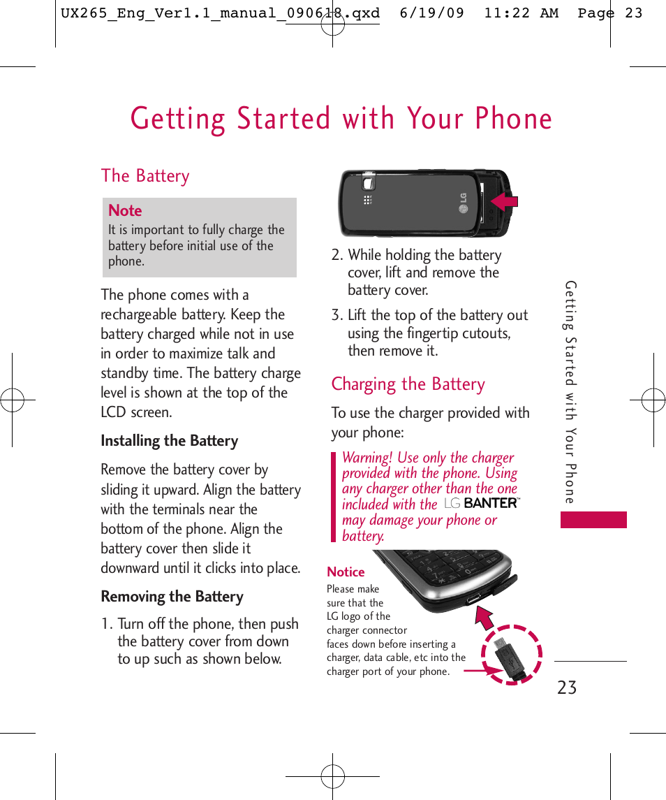 Getting started with your phone, The battery, Charging the battery | LG LGUX265 User Manual | Page 23 / 124