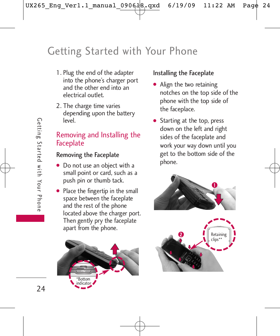 Getting started with your phone, Removing and installing the faceplate | LG LGUX265 User Manual | Page 24 / 124