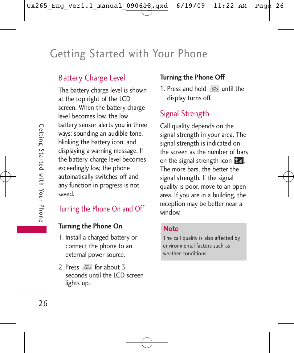 Getting started with your phone, Battery charge level, Turning the phone on and off | Signal strength | LG LGUX265 User Manual | Page 26 / 124