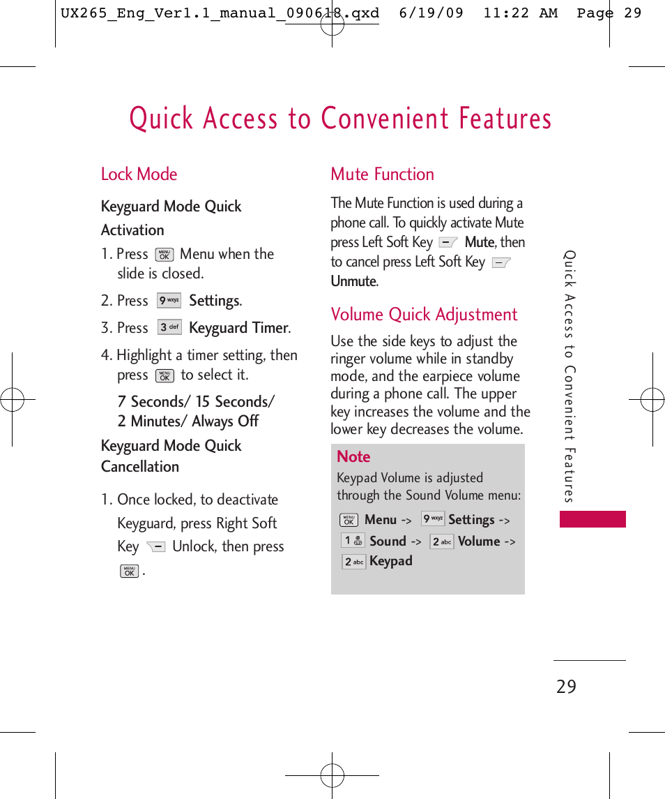 Quick access to convenient features, Lock mode, Mute function | Volume quick adjustment | LG LGUX265 User Manual | Page 29 / 124