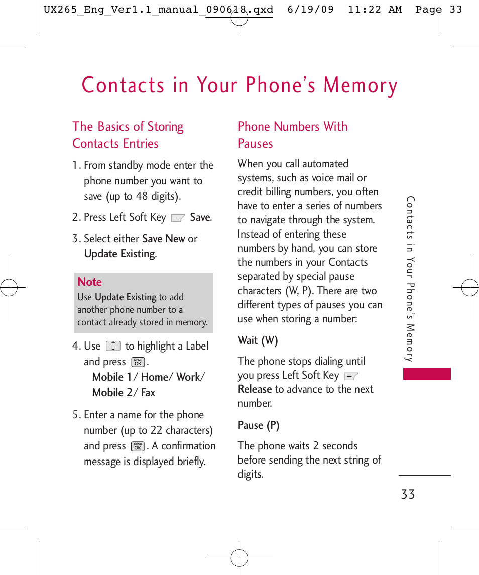 The basics of storing contacts entries, Phone numbers with pauses | LG LGUX265 User Manual | Page 33 / 124