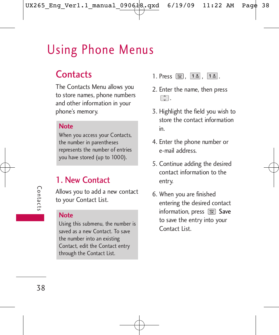 Using phone menus, Contacts, New contact | LG LGUX265 User Manual | Page 38 / 124