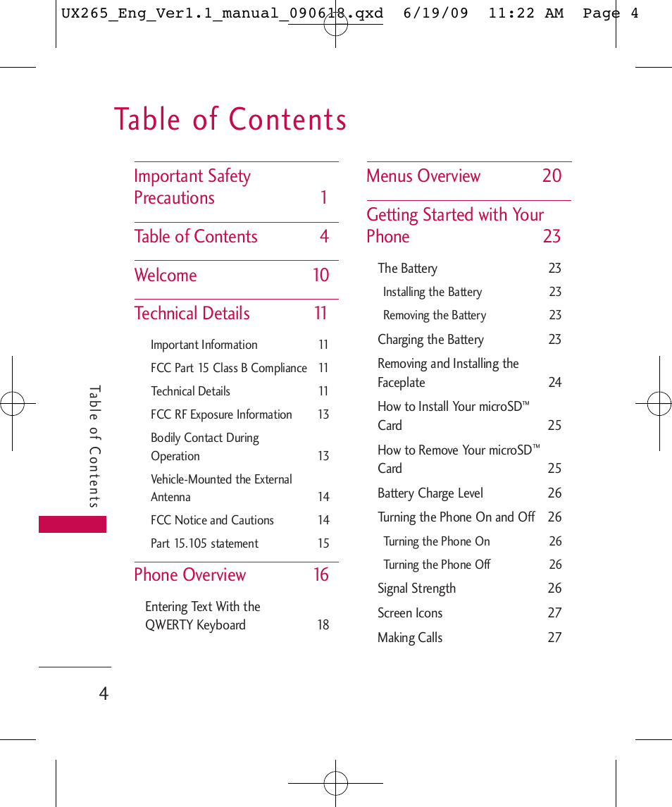 LG LGUX265 User Manual | Page 4 / 124