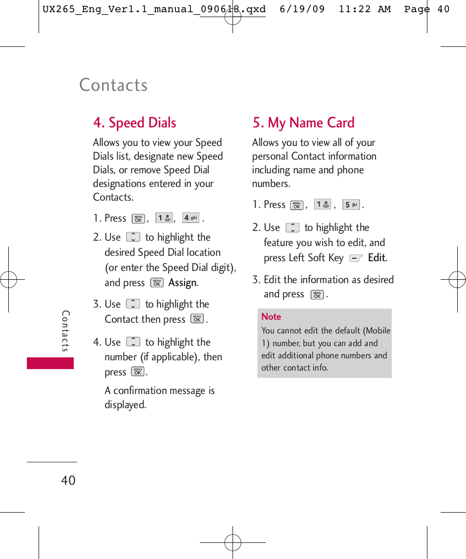 Contacts, Speed dials, My name card | LG LGUX265 User Manual | Page 40 / 124