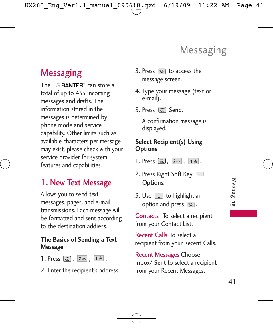 Messaging, New text message | LG LGUX265 User Manual | Page 41 / 124