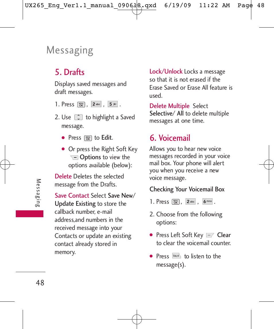 Messaging, Drafts, Voicemail | LG LGUX265 User Manual | Page 48 / 124