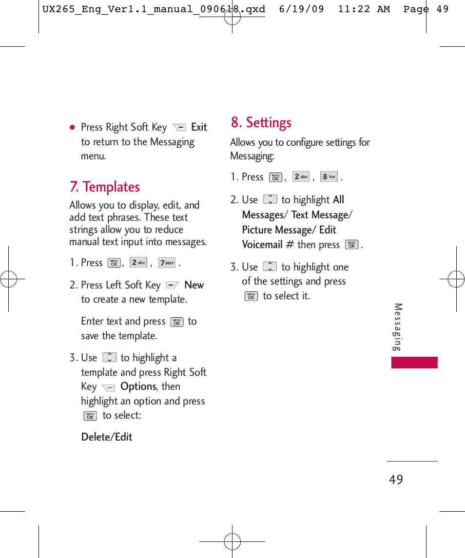 Templates, Settings | LG LGUX265 User Manual | Page 49 / 124