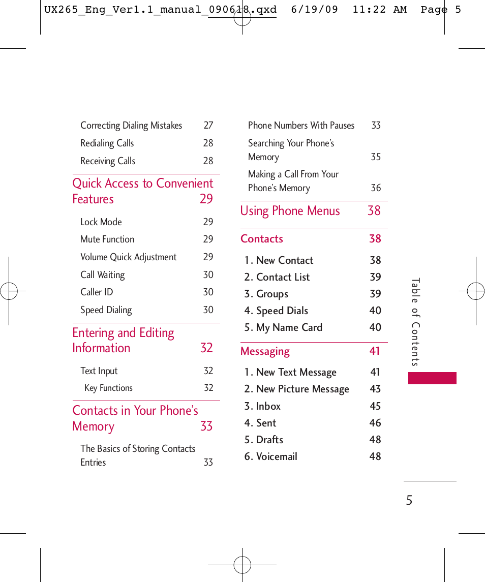 Quick access to convenient features 29, Entering and editing information 32, Using phone menus 38 | LG LGUX265 User Manual | Page 5 / 124