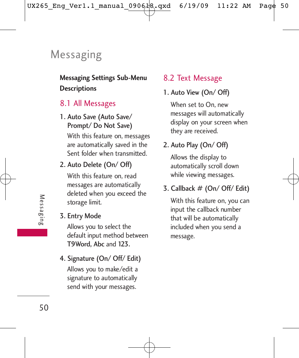 Messaging | LG LGUX265 User Manual | Page 50 / 124