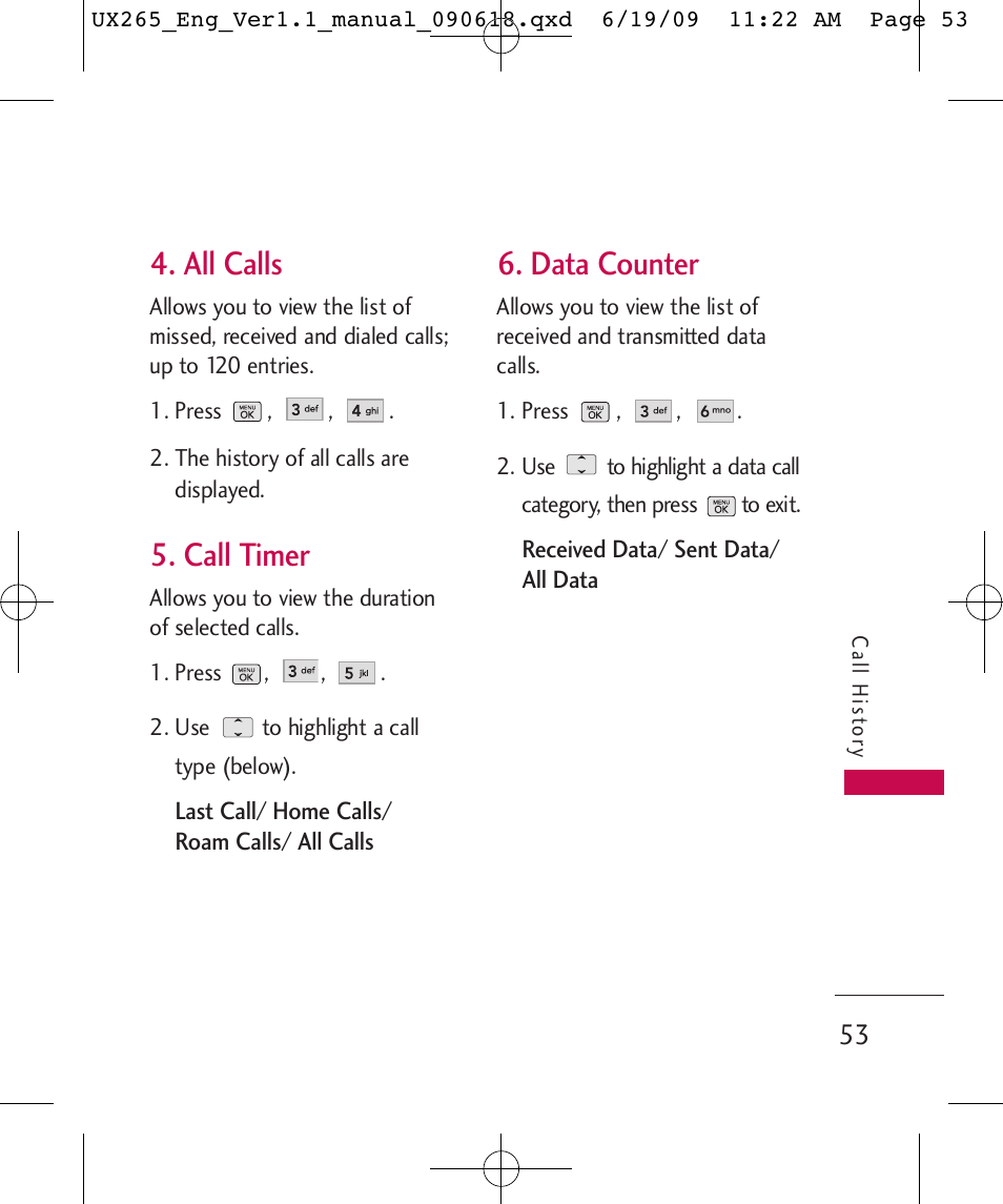 All calls, Call timer, Data counter | LG LGUX265 User Manual | Page 53 / 124