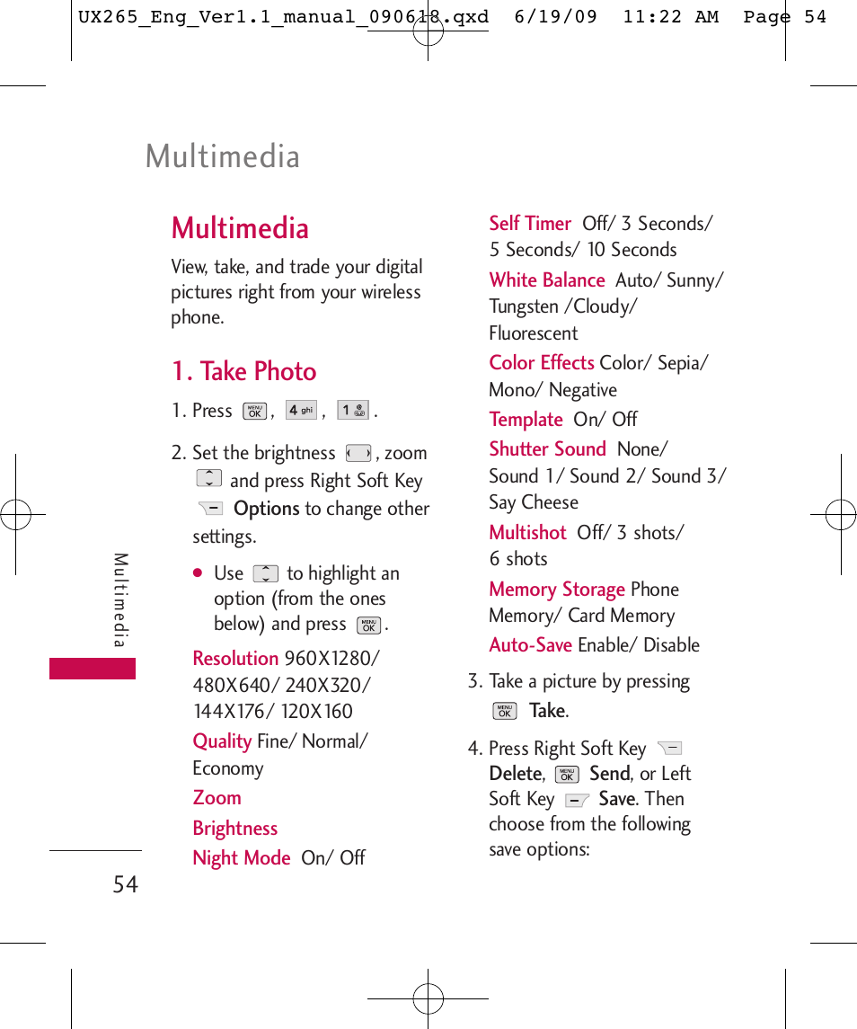 Multimedia, Take photo | LG LGUX265 User Manual | Page 54 / 124