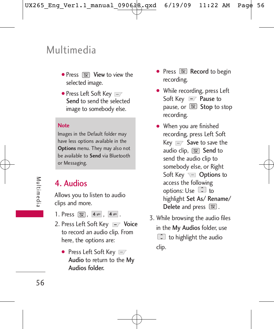 Multimedia, Audios | LG LGUX265 User Manual | Page 56 / 124