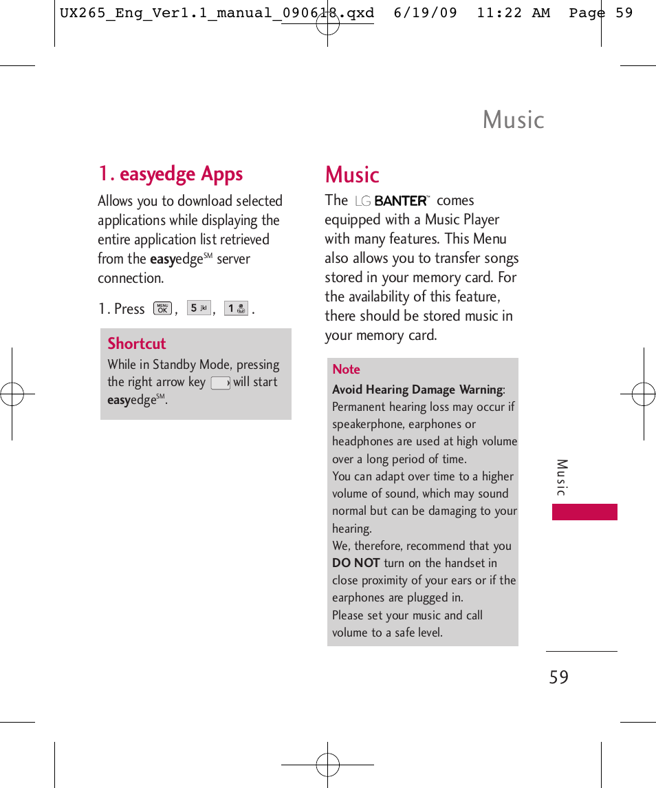 Music, Easyedge apps | LG LGUX265 User Manual | Page 59 / 124