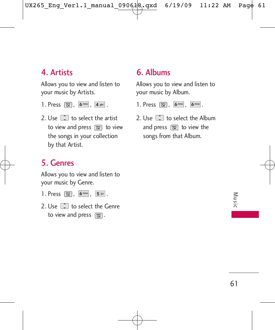 Artists, Genres, Albums | LG LGUX265 User Manual | Page 61 / 124