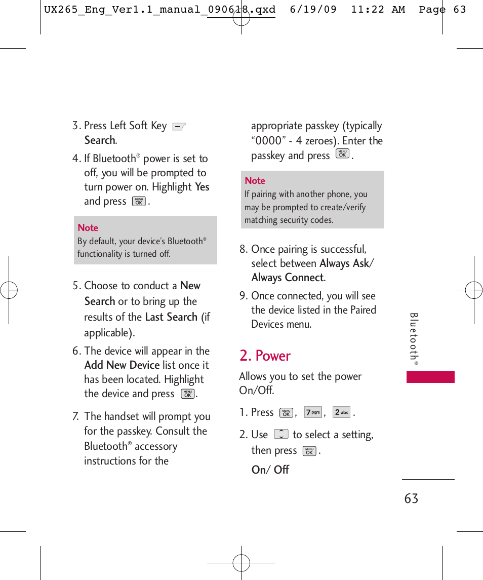 Power | LG LGUX265 User Manual | Page 63 / 124