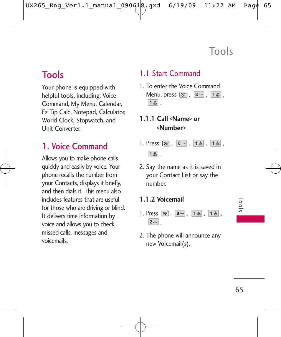 Tools, Voice command | LG LGUX265 User Manual | Page 65 / 124